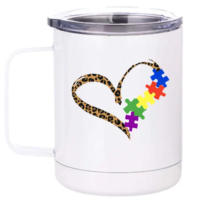 Love Autism Puzzle Leopard Graphic Autism Awareness Gift Front & Back 12oz Stainless Steel Tumbler Cup