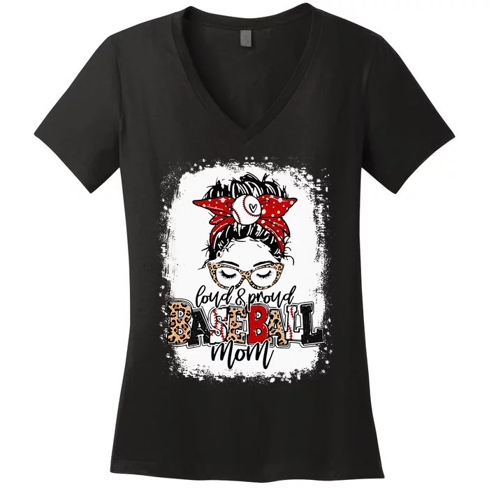 Loud And Proud BaseBall Mom Life Messy Bun Leopard Women's V-Neck T-Shirt