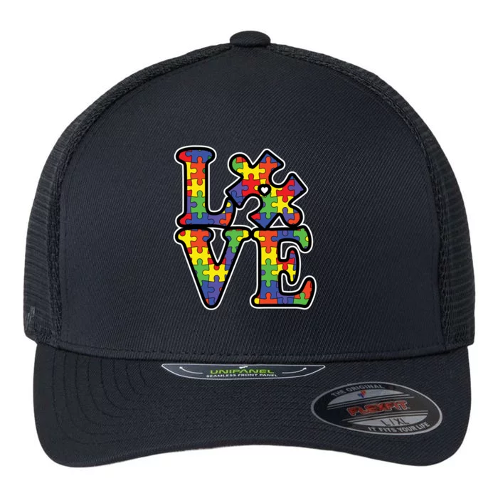 Love Autism Puzzle Piece Flexfit Unipanel Trucker Cap