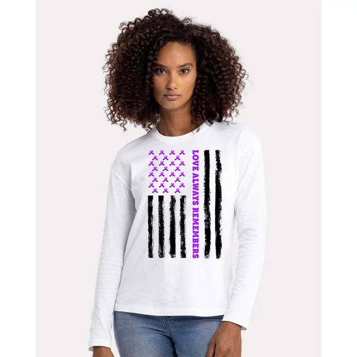 Love Always Remembers Alzheimer's American Flag Womens Cotton Relaxed Long Sleeve T-Shirt