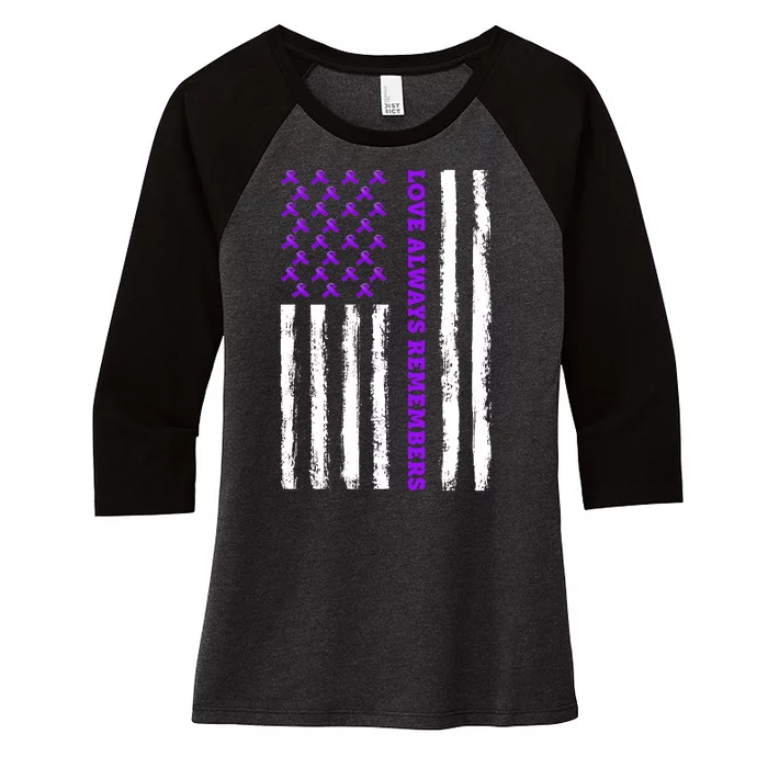 Love Always Remembers Alzheimer's American Flag Women's Tri-Blend 3/4-Sleeve Raglan Shirt