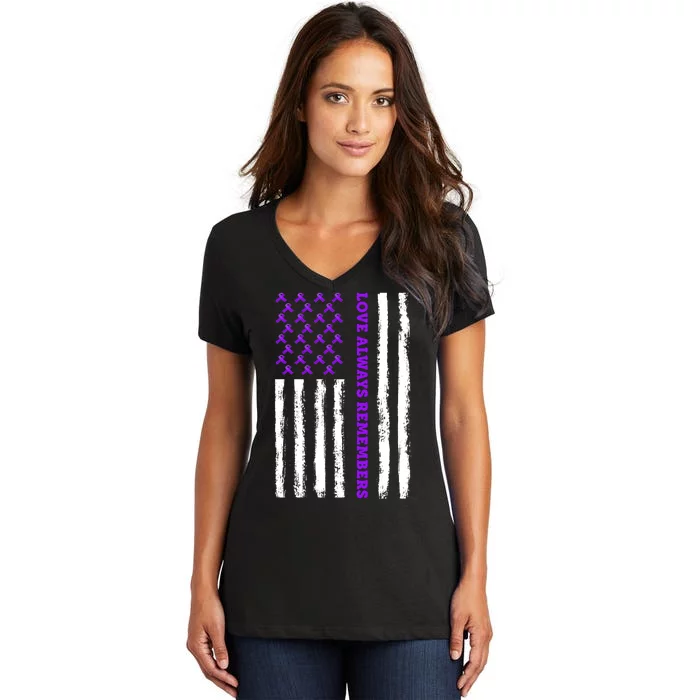 Love Always Remembers Alzheimer's American Flag Women's V-Neck T-Shirt