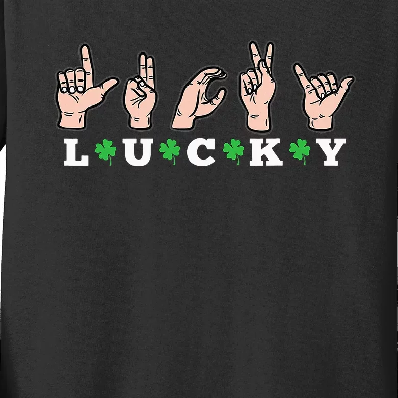 Lucky ASL St Patricks Day Shamrock Sign Language Deaf Mute Kids Long Sleeve Shirt