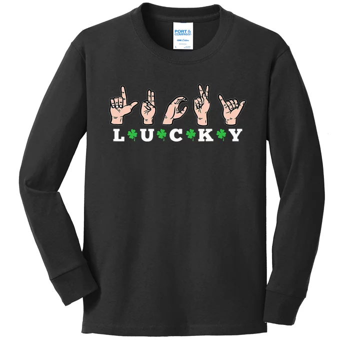 Lucky ASL St Patricks Day Shamrock Sign Language Deaf Mute Kids Long Sleeve Shirt