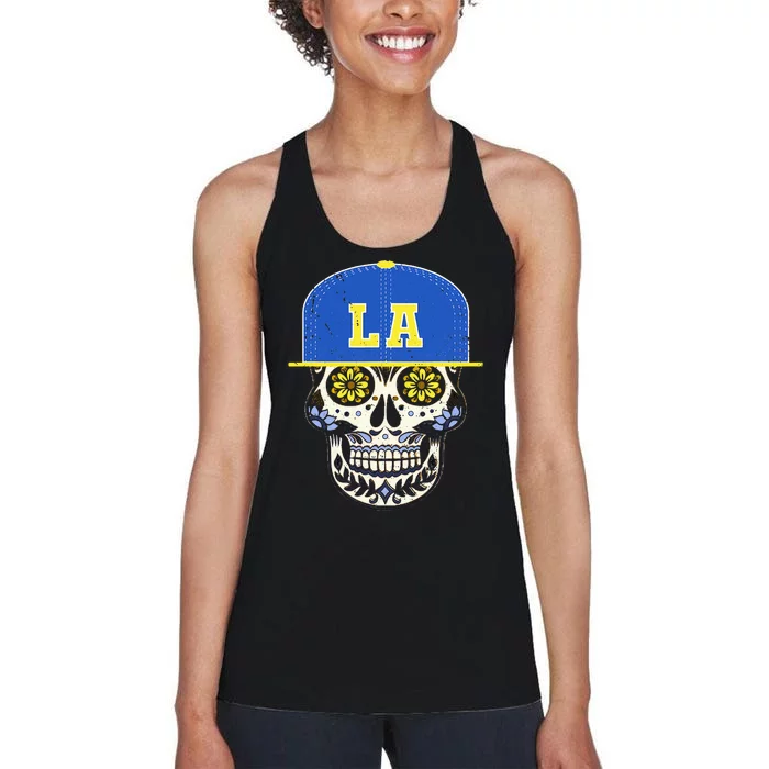 Los Angeles Sugar Skull Mexican Art Design Mexico Flag Women's Racerback Tank