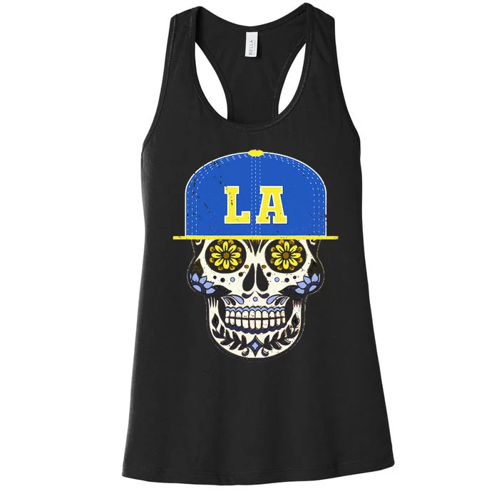 Los Angeles Sugar Skull Mexican Art Design Mexico Flag Women's Racerback Tank