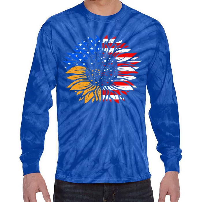 Love America Sunflower Fan America Flag Stars And Stripes Gift Tie-Dye Long Sleeve Shirt