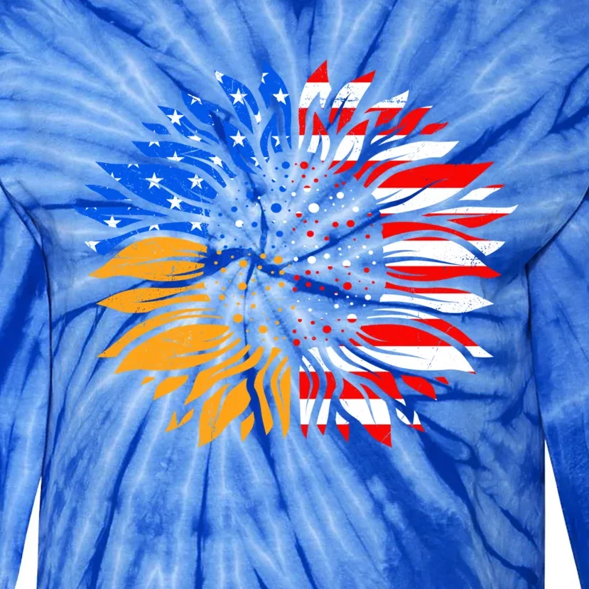 Love America Sunflower Fan America Flag Stars And Stripes Gift Tie-Dye Long Sleeve Shirt