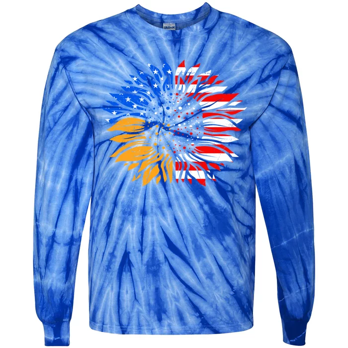 Love America Sunflower Fan America Flag Stars And Stripes Gift Tie-Dye Long Sleeve Shirt