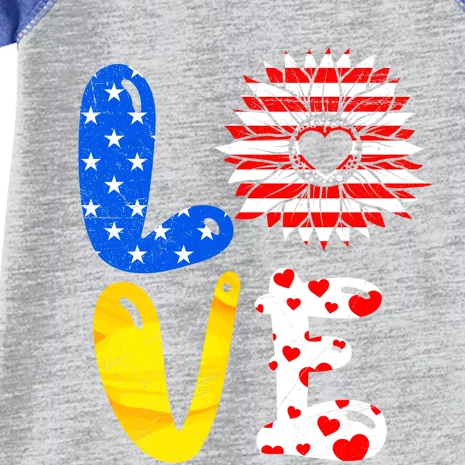 Love America Sunflower Fan America Flag Stars And Stripes Gift Infant Baby Jersey Bodysuit