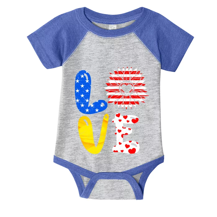 Love America Sunflower Fan America Flag Stars And Stripes Gift Infant Baby Jersey Bodysuit