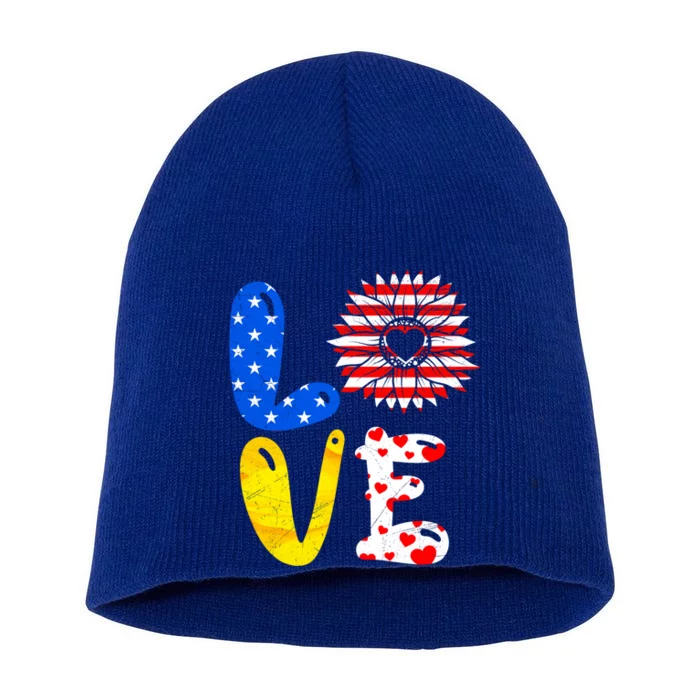 Love America Sunflower Fan America Flag Stars And Stripes Gift Short Acrylic Beanie