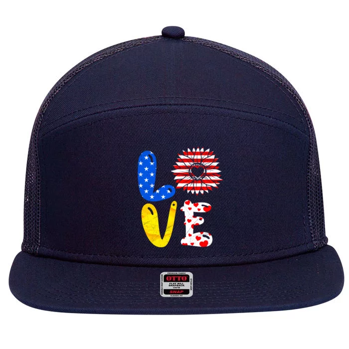 Love America Sunflower Fan America Flag Stars And Stripes Gift 7 Panel Mesh Trucker Snapback Hat