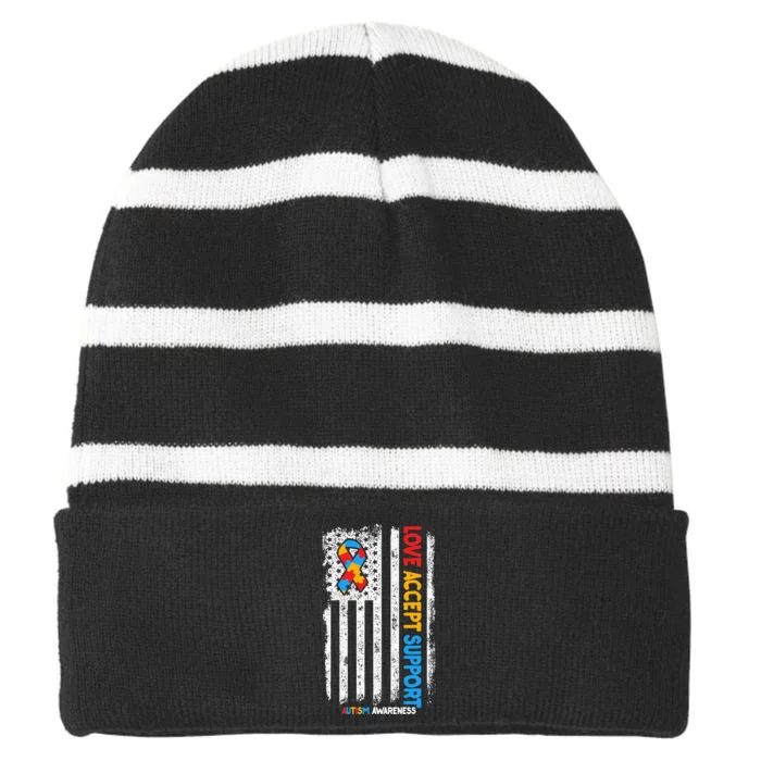 Love Accept Support Autism awareness Striped Beanie with Solid Band