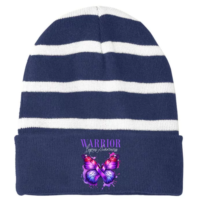 Lupus Awareness Warrior Survivor Purple Butterflies Striped Beanie with Solid Band