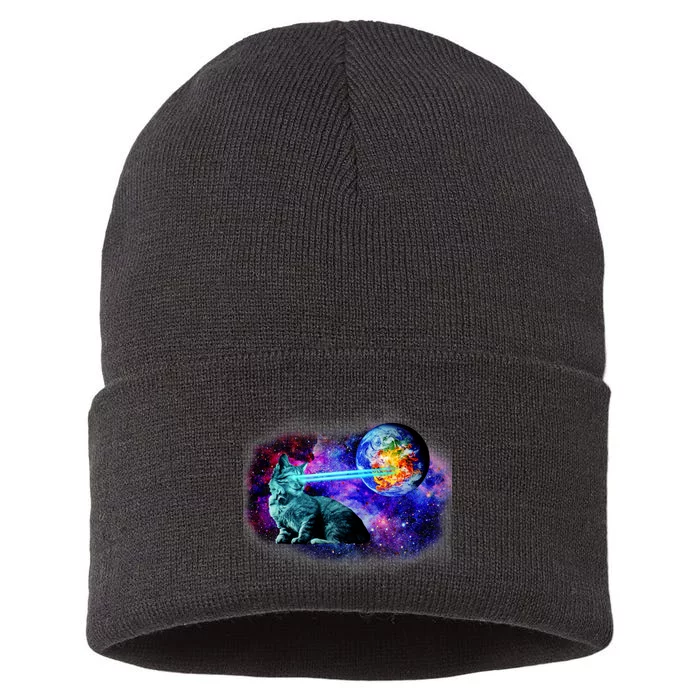 Lazer Cat Blasting In Space Sustainable Knit Beanie