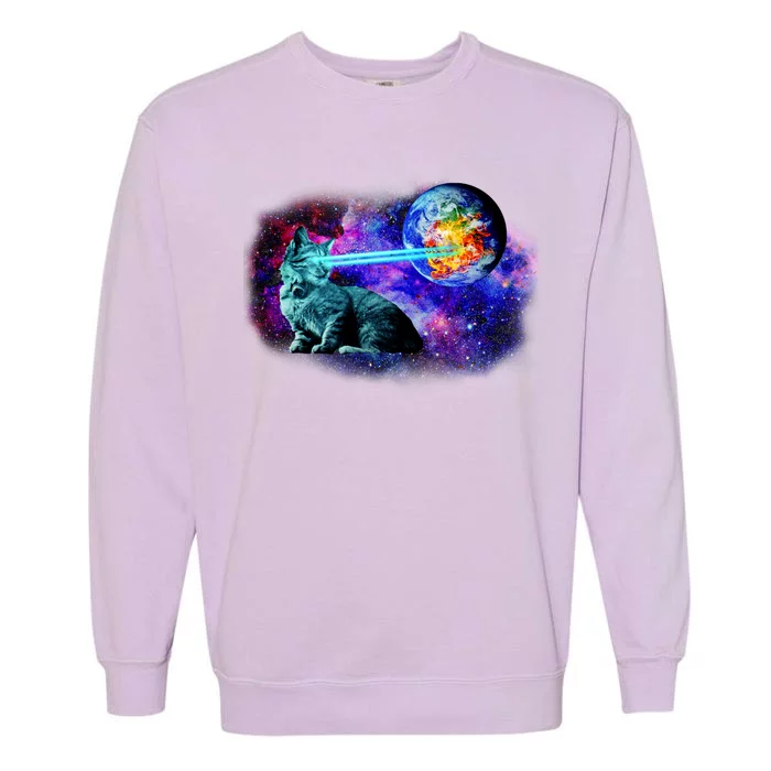 Lazer Cat Blasting In Space Garment-Dyed Sweatshirt