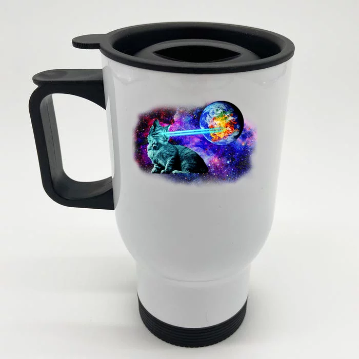 Lazer Cat Blasting In Space Front & Back Stainless Steel Travel Mug