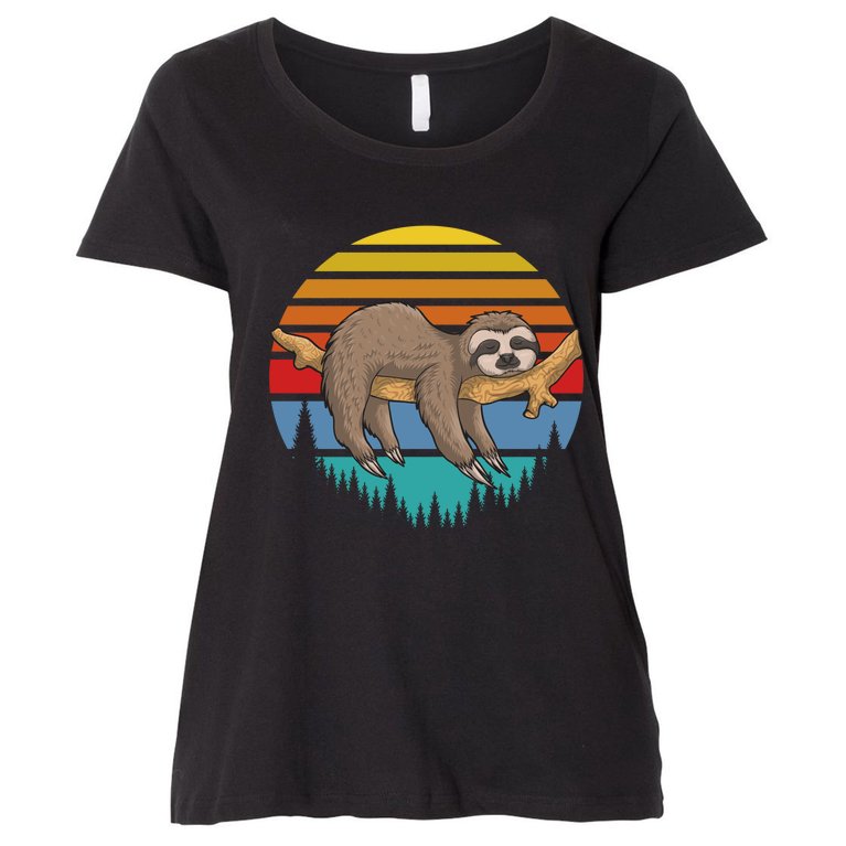 lazy Sloth Retro Sunset Women's Plus Size T-Shirt