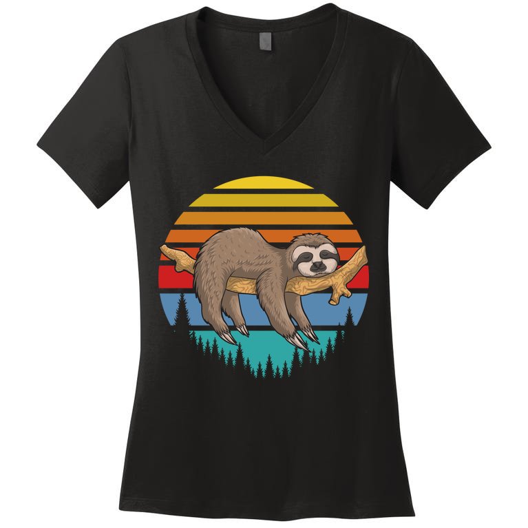 lazy Sloth Retro Sunset Women's V-Neck T-Shirt