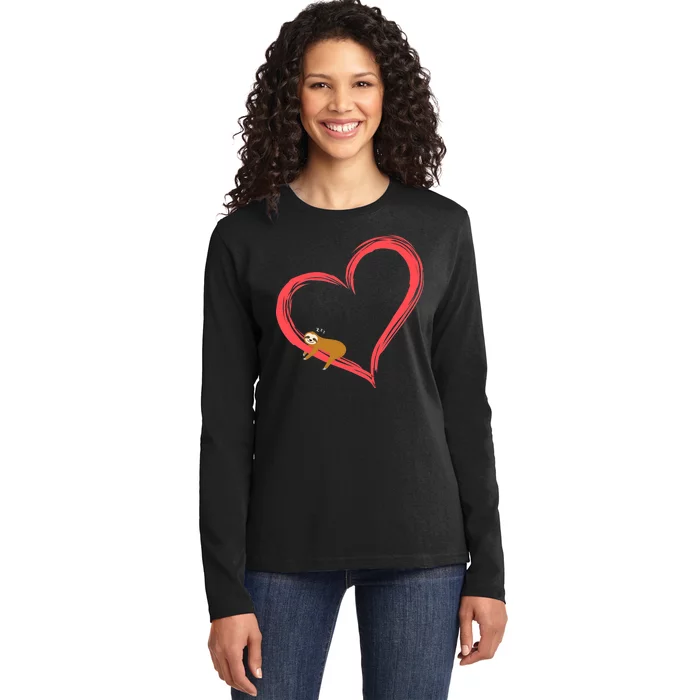 Lazy Sloth Sleeping On Heart Ladies Long Sleeve Shirt