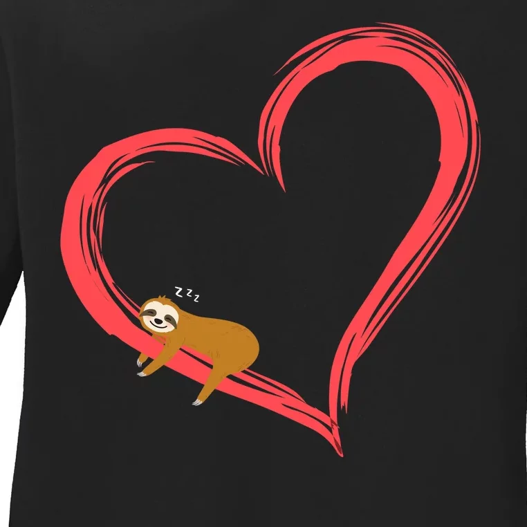 Lazy Sloth Sleeping On Heart Ladies Long Sleeve Shirt