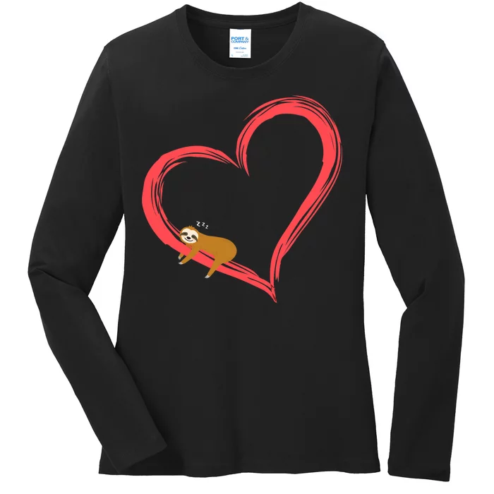 Lazy Sloth Sleeping On Heart Ladies Long Sleeve Shirt