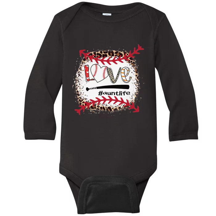 Love Baseball Aunt Tee Baseball Aunt Leopard Print Bleached Baby Long Sleeve Bodysuit