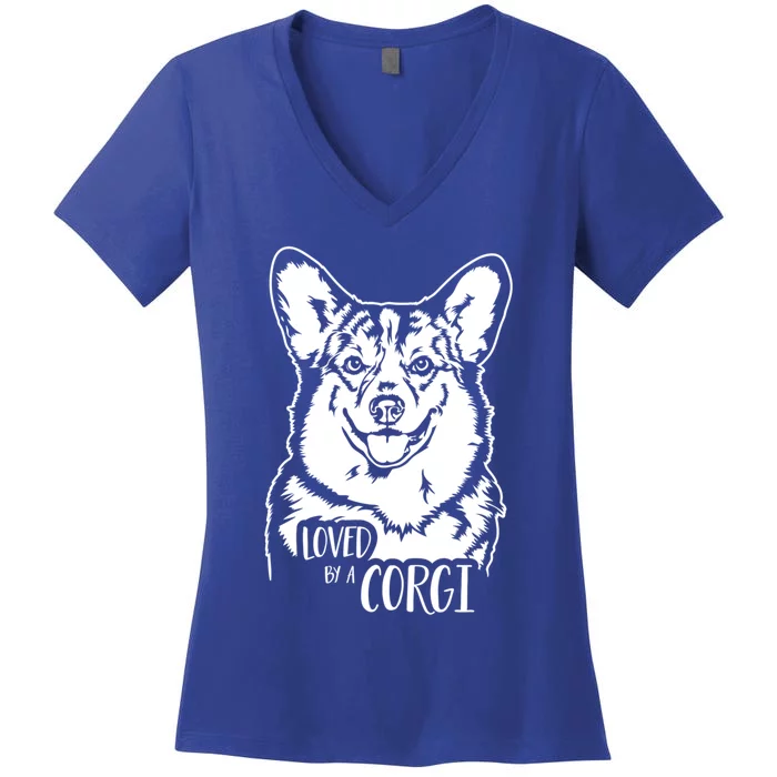 Loved By A Corgi Saying Dog Design Welsh Corgi Dog Mom Gift Women's V-Neck T-Shirt