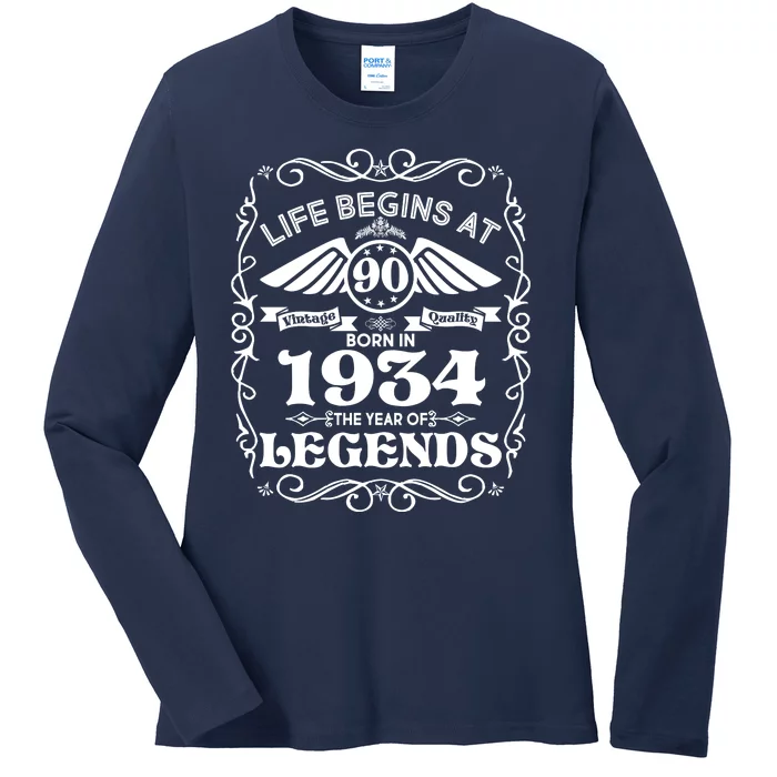 Life Begins At 90 Born In 1934 Year Of Legends Ladies Long Sleeve Shirt