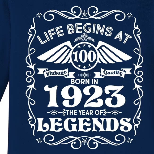 Life Begins At 100 Born In 1923 Year Of Legends Baby Long Sleeve Bodysuit