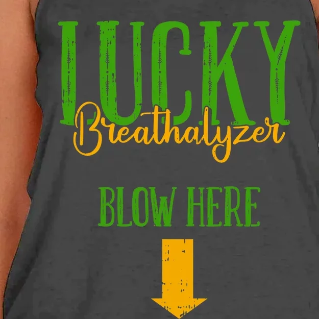 Lucky Breathalyzer Blow Here St Patricks Day Funny Sarcastic Women's Knotted Racerback Tank