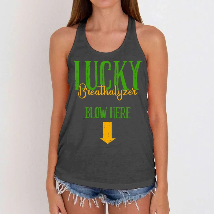 Lucky Breathalyzer Blow Here St Patricks Day Funny Sarcastic Women's Knotted Racerback Tank