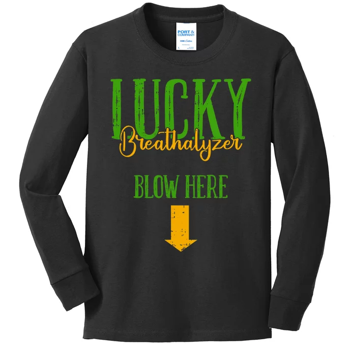 Lucky Breathalyzer Blow Here St Patricks Day Funny Sarcastic Kids Long Sleeve Shirt