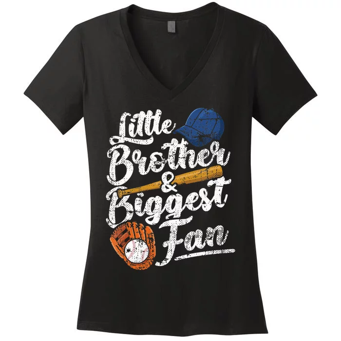 Little Brother Biggest Fan Baseball Funny Women's V-Neck T-Shirt