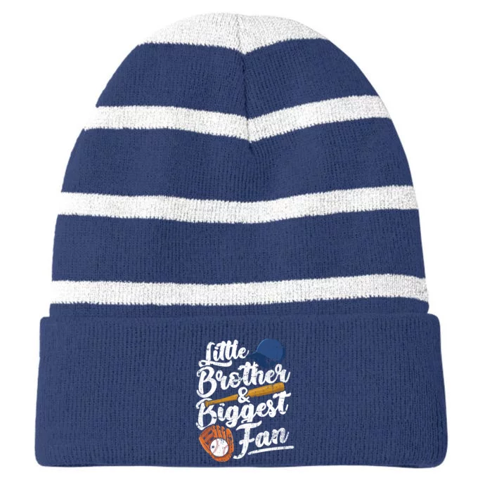 Little Brother Biggest Fan Baseball Funny Boy Striped Beanie with Solid Band