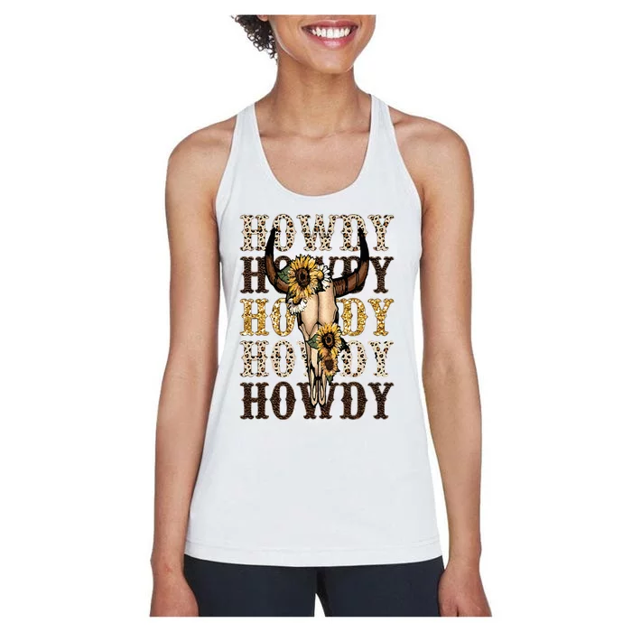 Leopard Boho Bull Skull Sunflower Howdy Western Country Women's Racerback Tank