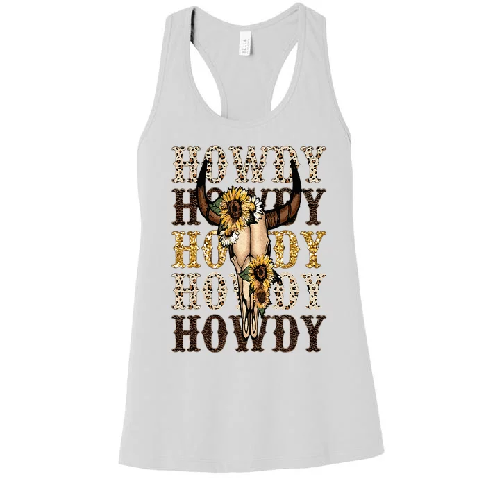 Leopard Boho Bull Skull Sunflower Howdy Western Country Women's Racerback Tank