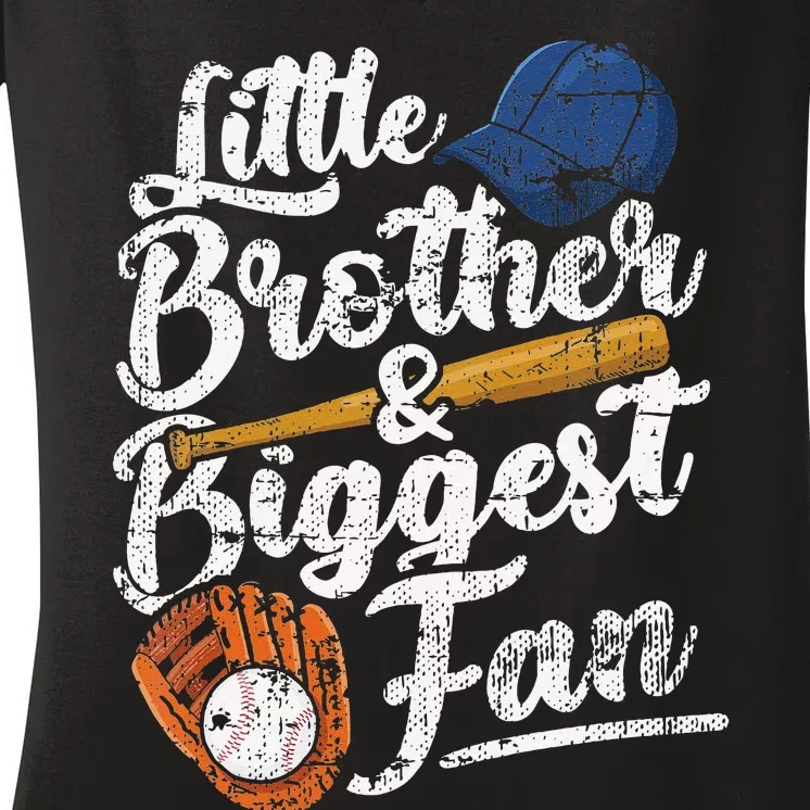 Little Brother Biggest Fan Baseball Funny Women's V-Neck T-Shirt