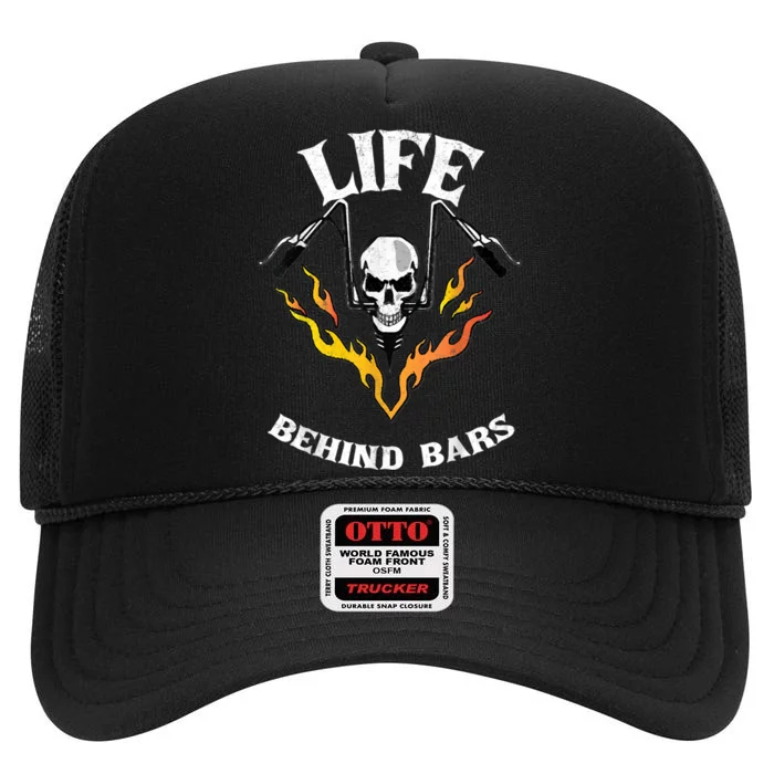 Life Behind Bars Skull Motorcycle High Crown Mesh Trucker Hat