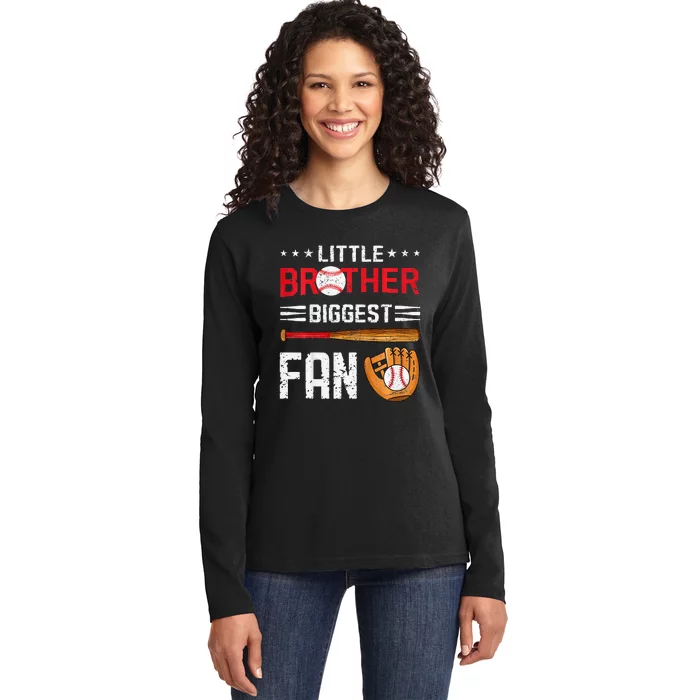 Little Brother Biggest Fan Baseball Family Ladies Long Sleeve Shirt