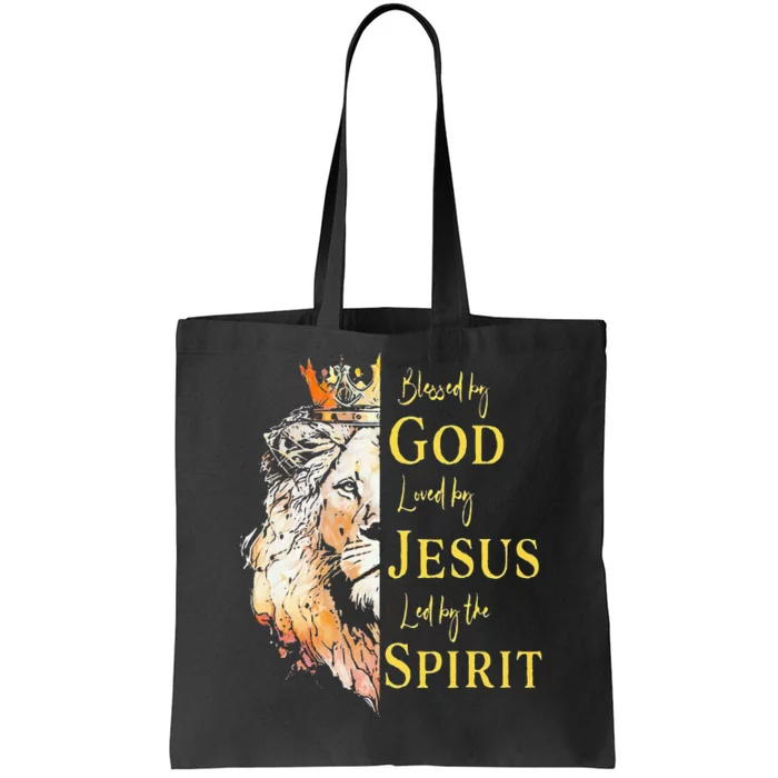 Lion Blessed By God Loved By Jesus Led Buy The Spirit Tote Bag