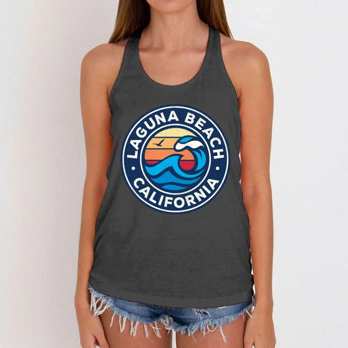 Laguna Beach California Ca Vintage Nautical Waves Design Women's Knotted Racerback Tank