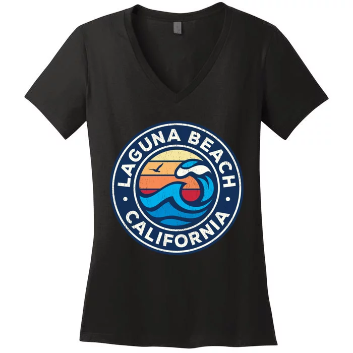 Laguna Beach California Ca Vintage Nautical Waves Design Women's V-Neck T-Shirt