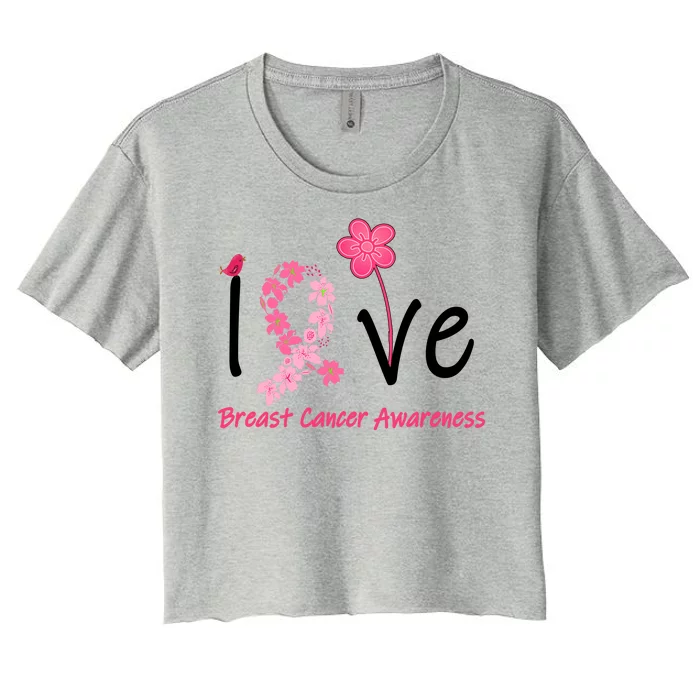 Love Breast Cancer Awareness Flower Ribbon Women's Crop Top Tee