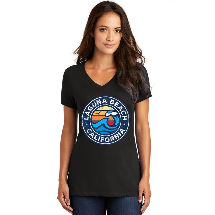 Laguna Beach California Ca Vintage Nautical Waves Design Women's V-Neck T-Shirt