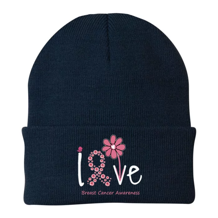 Love Breast Cancer Pink Ribbon Floral Knit Cap Winter Beanie