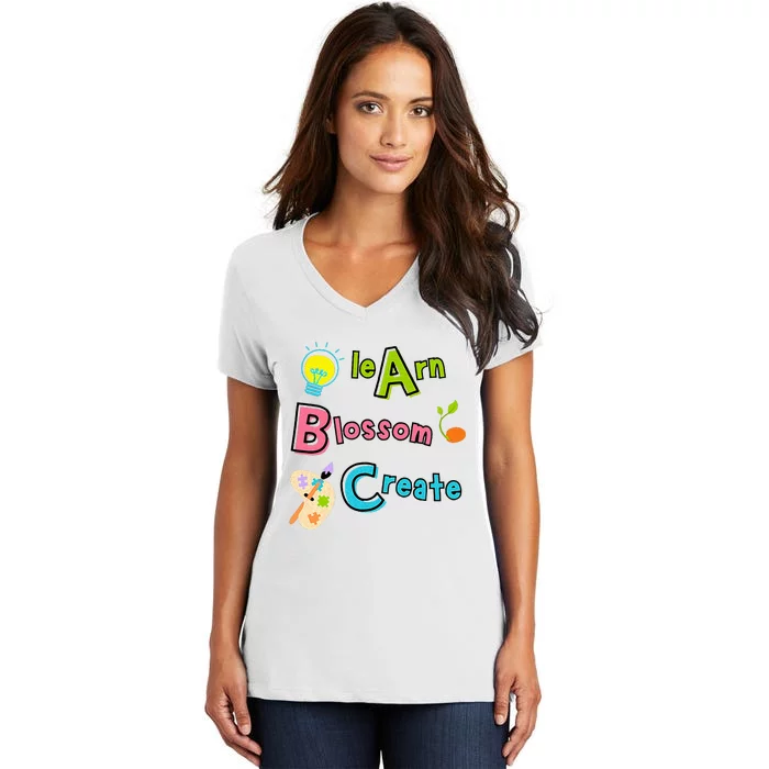 Learn Blossom Create Back To School Positive Abc Teacher Women's V-Neck T-Shirt