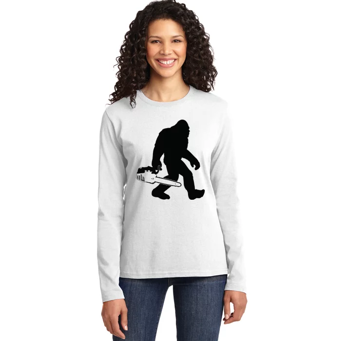 Lumberjack Bigfoot Chainsaw Sasquatch Logger Funny Ladies Long Sleeve Shirt