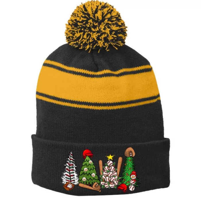 Love Baseball Christmas Tree Holiday Season Stripe Pom Pom Beanie